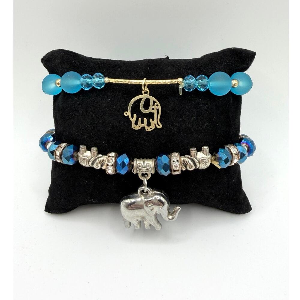 🐘 💙 Elephant Charm Bracelet Set | Blue Crystal Boho Stack